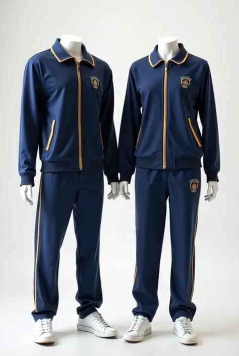 natural view of dark blue school sports uniforms for men and women worn on two mannequins , with small details in yellow , The background of the photo is white or gray ,  the mans mannequin should be slightly taller than the womans and the white sneakers s...