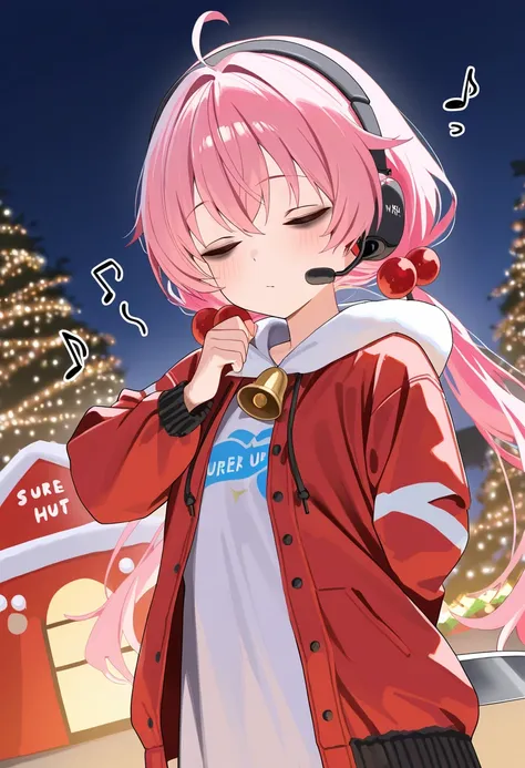 score_9,score_8_up,score_7_up,rating_safety,source_manga,masterpiece,best quality,hyper detailed,super fine illustration,8k,side angle,BREAK 1 girl,18yo,santa hut,headset,low twintail,pink hair,(closed eyes,bugs under eyes),(flat chest:0.9),red jacket,bell...