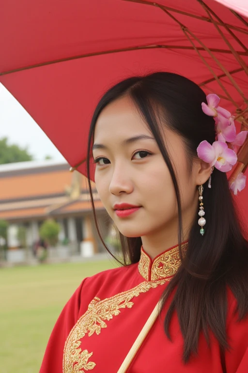 Overlapping image of a Northern woman, wearing beautiful Thai dress in the northern style, holding an umbrella, orchids on her ear, beautiful face, warm color tones, with Wat Phra That Doi Suthep shown in her shadow.