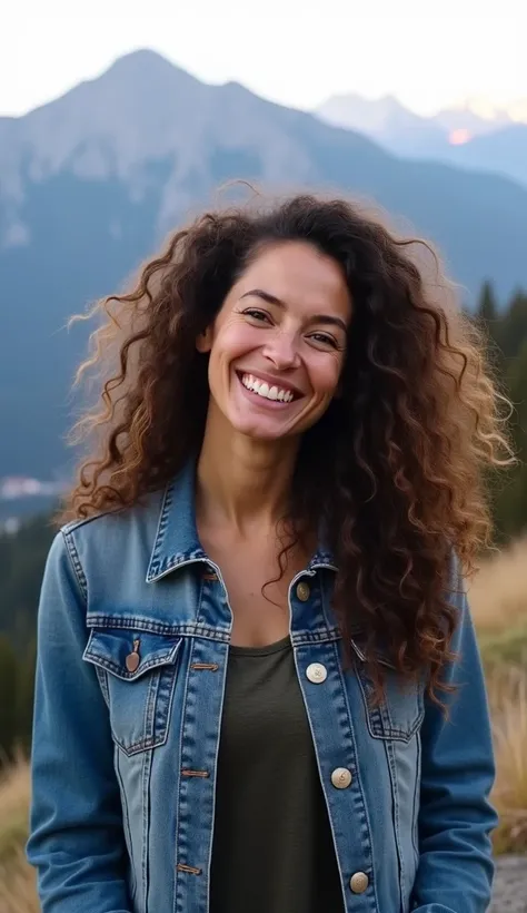 A 37-year-old woman with curly hair, wearing a denim jacket, smiling in front of a mountain landscape.