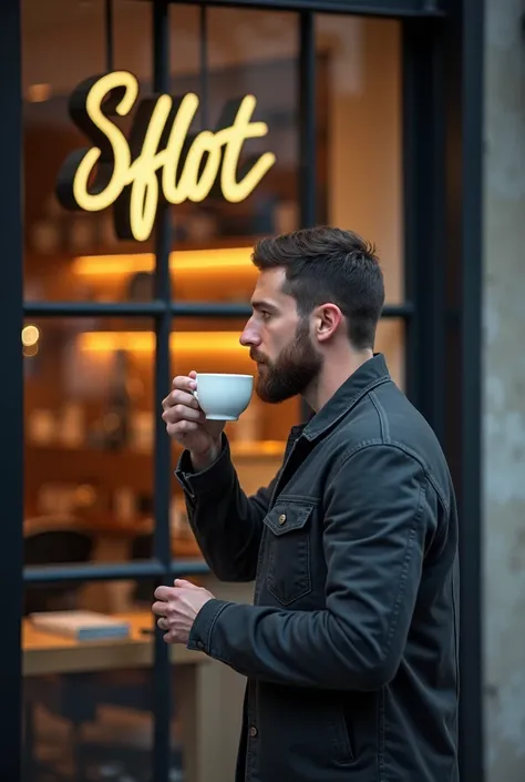  Prompt :
" An exterior view of a small coffee shop with glass walls and a striking facade with an elegant script  "Sflot ".  The interior lights are warm and soft, reflecting a cozy atmosphere. .  through the glass. A man in his thirties appears, standing...