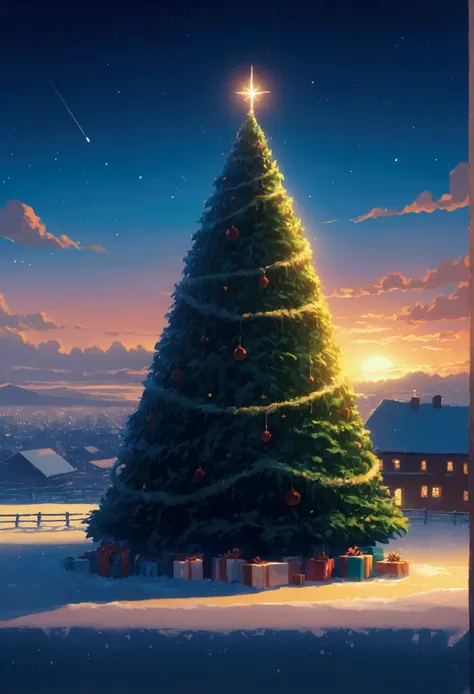 microdetail !!!  A lonely Christmas tree , realistic field full of gifts and pastures microdetailed!!!,  serene night ,  dream Makoto Shinkai Cyril Rolando , beautiful anime scene, Fondo de pantalla increíble, anime art wallpaper 8k, Anime background, anim...