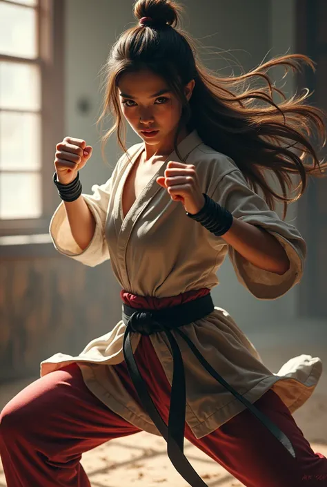 1 girl, Pose karate , FIGHTER,  long hair,  clenched fists 