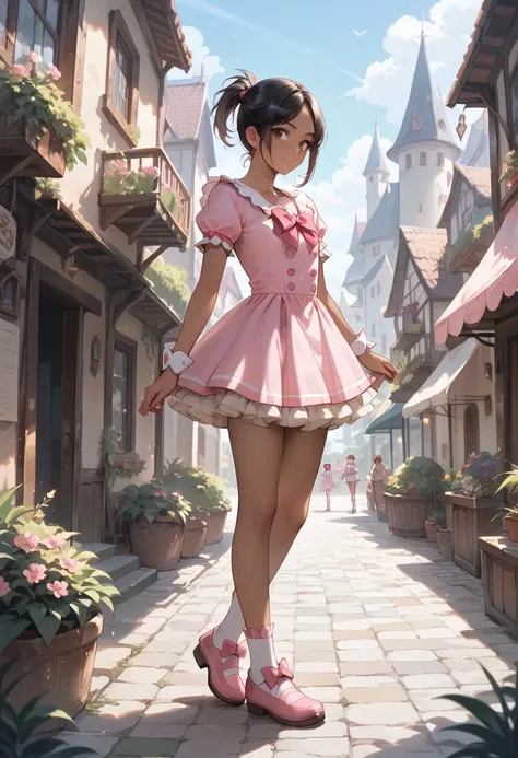  short boyish ,  black hair, short ponytail, parted bangs,  tan, Pink Magical Girl Costumes ,  short skirt,  Night Town, full body