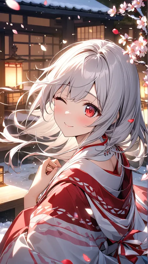 ( top quality, ),  beautiful women (Red eyes), elements. well-groomed face 、 Shy Expression 、 Silver Hair、 red eyes、smile(one eye closed、Looking up)、               Ultra Fine            ,  A Girl in a Glittering Shrine Maiden、 Surrounded by beautiful petal...