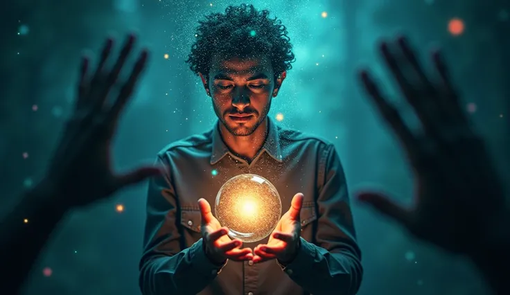 Create a dark fantasy scene featuring a young man illuminated by a glowing orb in his hands. His face is partially obscured by a cascade of digital patterns, hinting at a connection to technology or magic. Surrounding him are ethereal, shadowy figures reac...