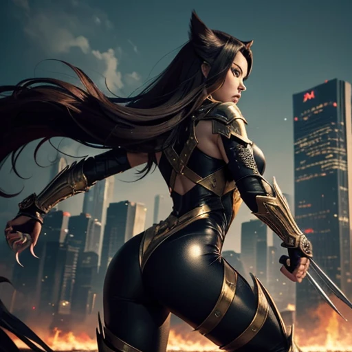 


The character is depicted as being like a female version of the wolverine in a dynamic pose, suggesting action or movement. She has long, dark brown hair that falls around her shoulders and chest.  She wears a tight-fitting, dark-colored, seemingly meta...