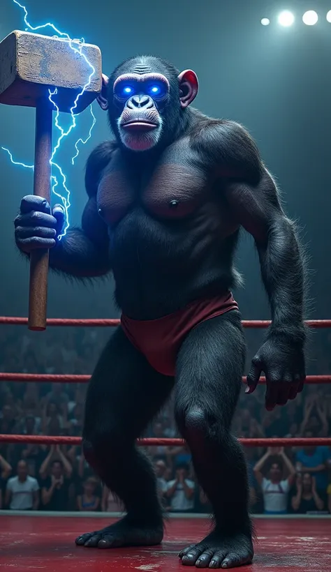 Make a picture of a chimpanzee in the form of a superhero with a hammer in his hand. The picture is fabulously realistic and he will be in a wrestling ring. Add an eye that is blue in the form of lightning 