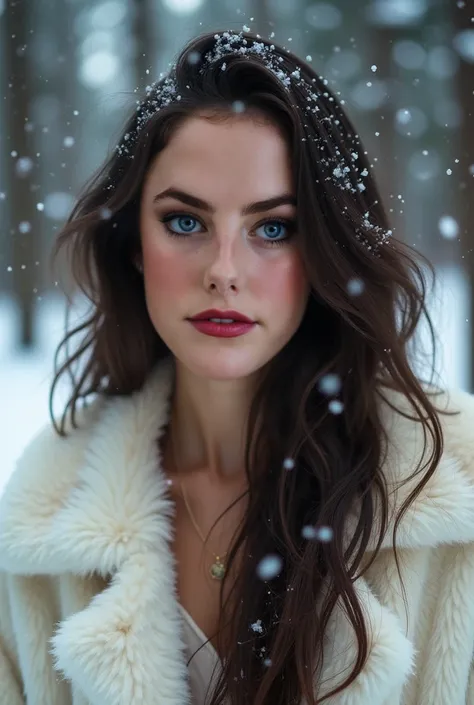 Kaya Scodelario is depicted in a serene, snowy forest of tall, snow-covered fir trees. Her expression is tender and filled with an unmistakable look of love, her emerald green eyes glowing with warmth and subtle bluish reflections that emerge under the mut...