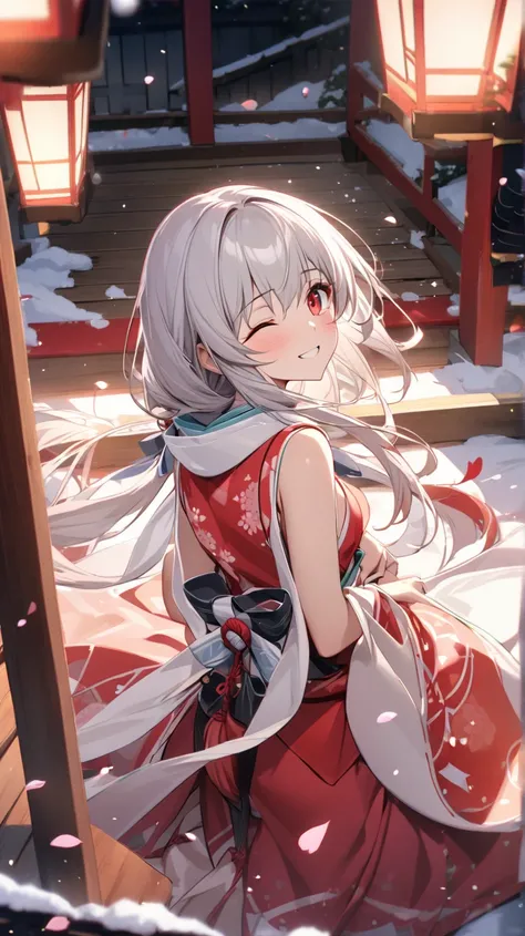 ( top quality, ),  beautiful women (Red eyes), elements. well-groomed face 、 Shy Expression 、 Silver Hair、 red eyes、smile(one eye closed、Looking up)、                Ultra Fine             ,  A Girl in a Glittering Shrine Maiden、 Surrounded by beautiful pet...