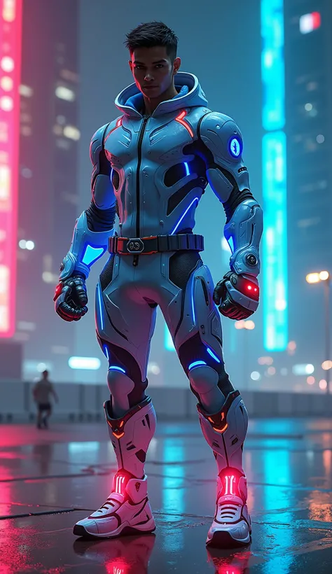 Design a futuristic jump-boxing character inspired by the person in the reference image. The character should wear sleek, high-tech boxing gear with glowing neon elements in blue and red. Include advanced robotic gloves, a lightweight armor suit with a dyn...