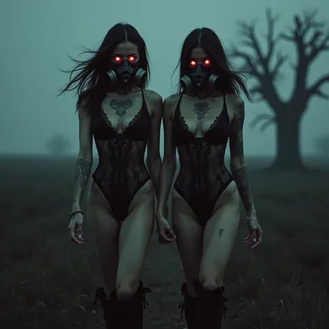 (Best Quality,hight resolution,Masterpiece, full body shot:1.2),Ultra-detailed, wide angle lens photography of a 2 sexy women walking side by side, in a praire at night, wearing seethrough bodysuits and anti-gas masks, a little old tree blurred in the back...