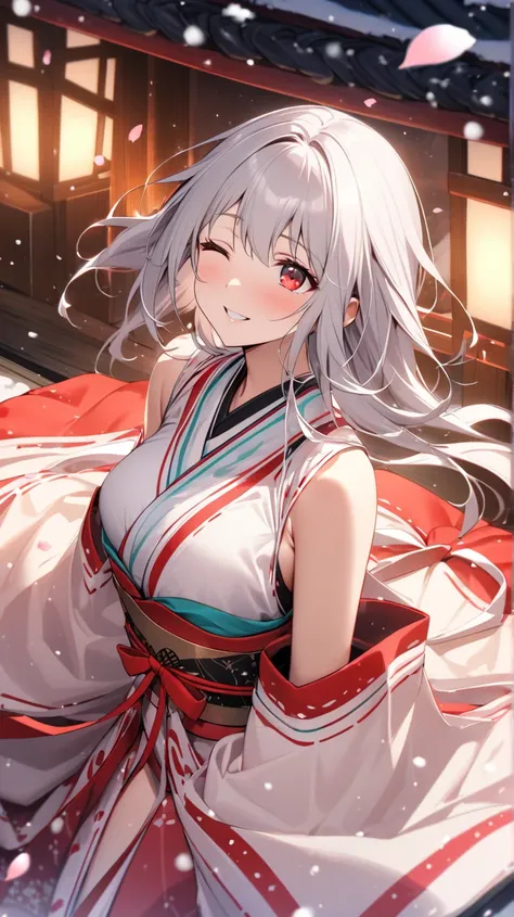 ( top quality, ),  beautiful women (Red eyes), elements. well-groomed face 、 Shy Expression 、 Silver Hair、 red eyes、smile(one eye closed、Looking up)、                Ultra Fine             ,  A Girl in a Glittering Shrine Maiden、 Surrounded by beautiful pet...