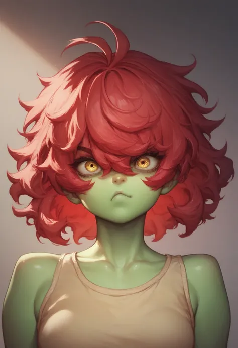  A short little skinny girl  , green skin ,  red hair curtos tapando um pouco do rosto ,  yellow eyes  , big black circles under the eyes  ,  in a serious face , hair covering eyes  ,  red hair , red hair , wearing beige shirt 