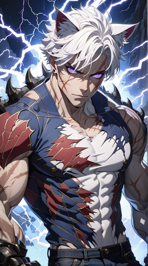 young guy, boy, short white hair, cat ears, purple eyes, scars, open torso, white ripped shirt, jeans, mutant claws, night, lightning, Masterpiece, best quality, Full HD, 8k, ultra details, great graphic, anime style, 2D, detailed eyes, beautiful eyes, bea...