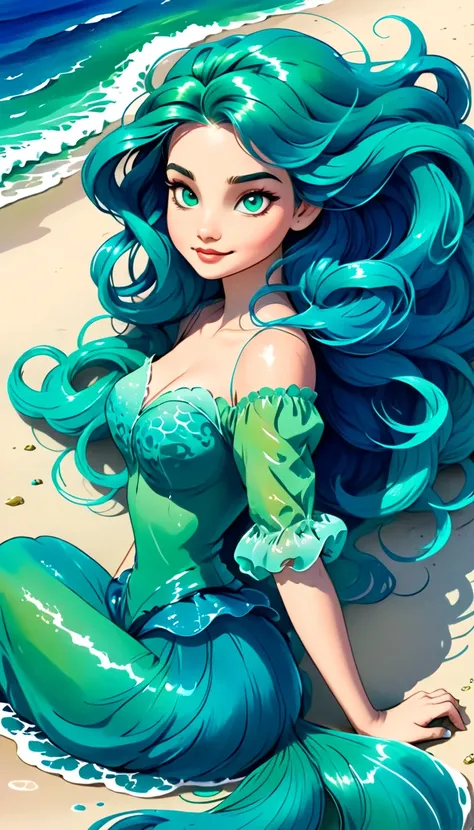 Ariel little mermaid, intense saturated Vibrant long flowing hair , chameleon green-blue tale, lying relaxed on the seashore, in storybook quqlity, illustration book saturated watercolor and fluid deep ink style , highly saturated, highly detailed, high re...