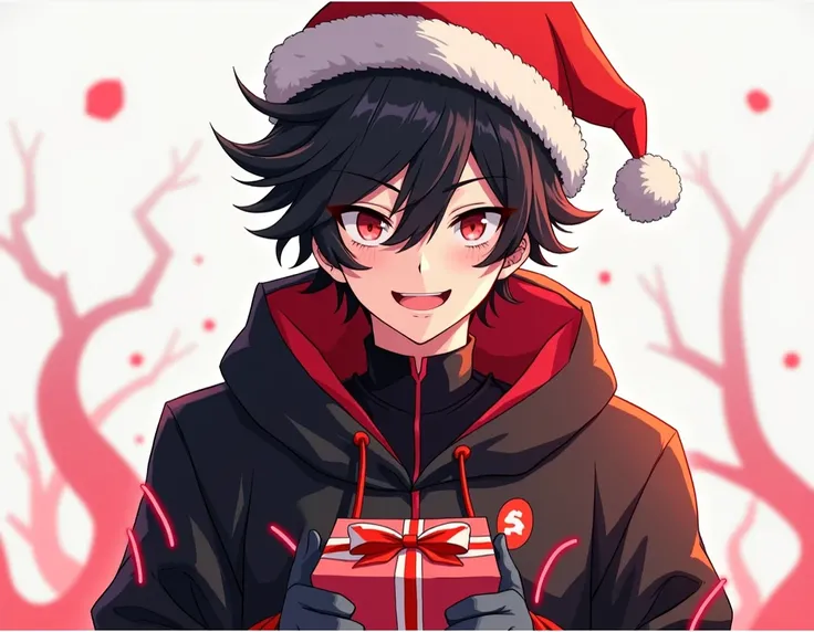  now give me a 25-year-old Anime boy whose clothes are black with red lines( that shine ), with a hood and with  ,  that has black hair with a  "Little red tuft ",With Chibi version lenses but not so small, That I am holding a gift and that he has a Christ...