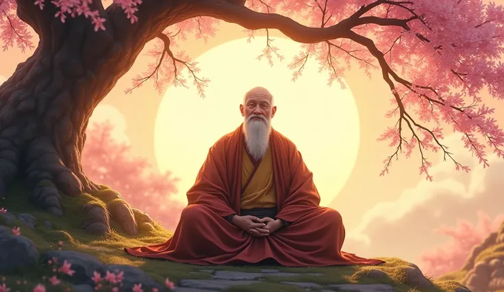 A serene old man sitting under a blooming cherry tree, sharing wisdom with a tranquil smile, surrounded by glowing light and vivid nature."
