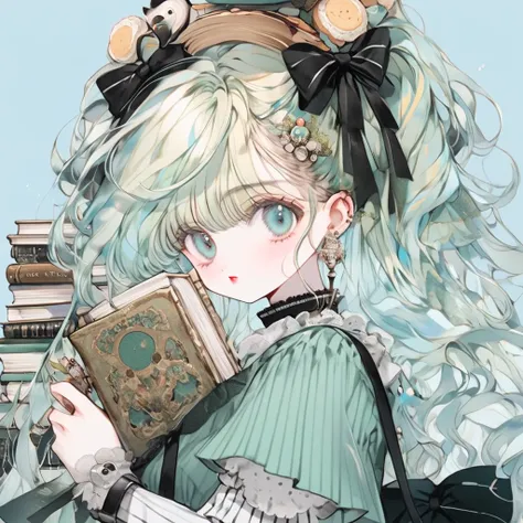 (  Masterpiece , top quality ,Ultra_  Details, high res, absurd:1.2), One girl , animal_On_head, black_ribbOn, blOnde_light blue_hair, green_ dress, green_eye, , Books, Booksmark, bow, brooch, cookie, c upcake,  dress,  dress_bow, _ piercing above spo, rin...