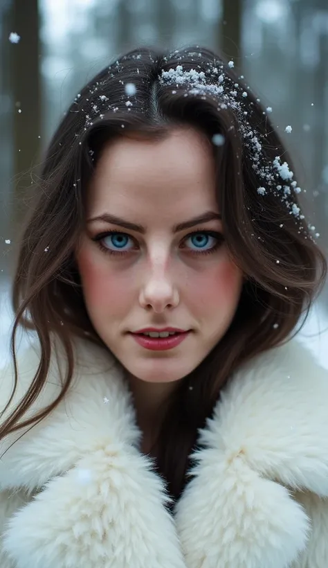 A close-up portrait of Kaya Scodelario in a serene, snowy forest of tall, snow-covered fir trees. Her tender expression conveys an unmistakable look of love, with her emerald green eyes glowing warmly and subtle bluish reflections emerging under the soft w...