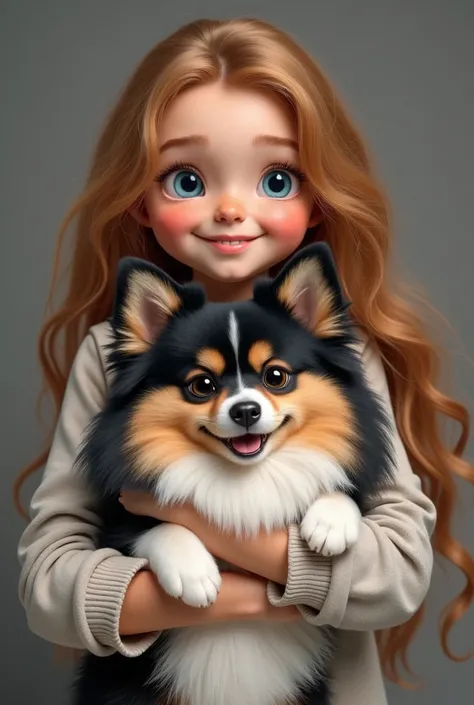 A  girl with dark blond hair and blue eyes, broad nose, expressive eyebrows and plump cheeks. The girls figure is slim and athletic , Light skin.  She is holding a smiling cheerful and very fluffy German Spitz boy in her arms, a classic black and white bei...