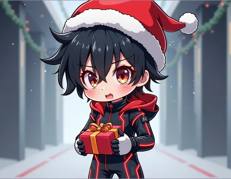  now give me a 25-year-old Anime boy whose clothes are black with red lines( that shine ), with a hood and with  ,  that has black hair with a  "Little red tuft " Chibi version but let it not be so small, That I am holding a gift and that he has a Christma...