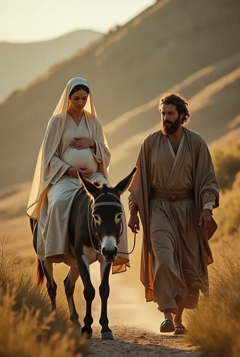  create in an ultra realistic and cinematic way a classic scene of the Holy Family on their journey to Bethlehem.  Mary is seated on a donkey ,  wearing a clear robe that covers her head ,  with a serene expression and looking down ,  symbolizing their hum...