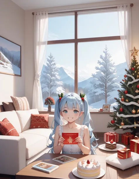  Light Blue Long Hair 、 little character with twin tails、Bright living room、A warm room with a wood burning stove 、 snowy landscape outside the window、 is smiling and holding a Christmas card、 Christmas Tree、 Christmas Cake、