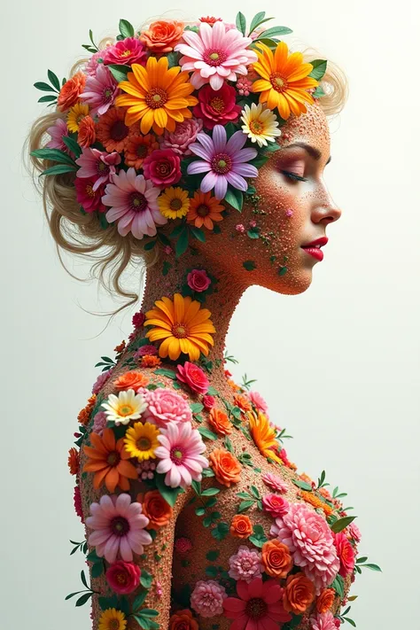 Many flowers together of different colors forming the shape of a woman with a beautiful body