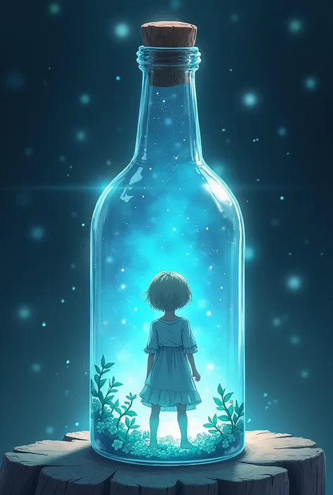 I want you to do an anime-like illustration showing a genderless boy or girl inside a fantasy bottle