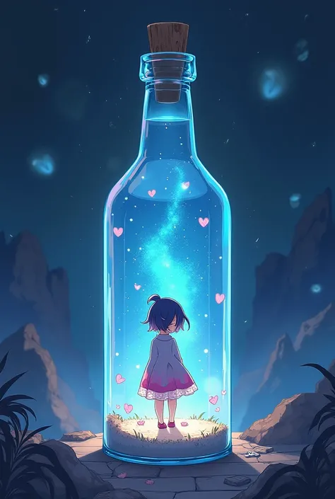 I want you to do an anime-like illustration showing a genderless boy or girl inside a fantasy bottle