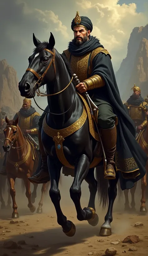 Here’s the updated English prompt depicting Afshin on horseback with his companions:  

"A classical-style painting of Afshin, the infamous 40-year-old traitor who betrayed the Iranian hero Babak Khoramdin, portrayed with a grotesque and sinister demeanor,...