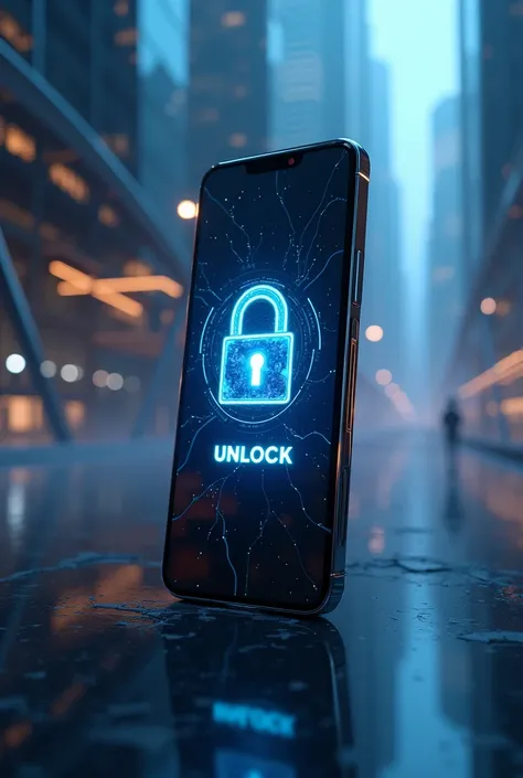 Futuristic cell phone unlocking advertisement with padlock image and word unlock
