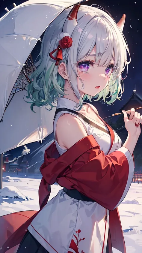  super detailed ,  top quality ,  high res, (( One girl )), 8k, the above,  Light Wheat-colored Skin, (dark green hair), ( Shorthair、Curly hair), ( :1.3), (冬のnight、snowが降る),   purple eyes、snowのnight、night, snow,  ( crying:1.2), (Red lipstick),   beautiful ...