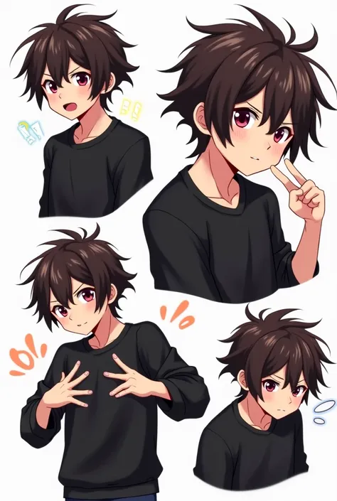 cartoon of a male anime character with shoulder-length hair,dark brown,  red eyes ,black sweatshirt, on a white background ,  with different poses 