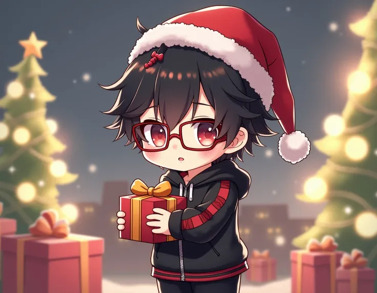  now give me a 25-year-old Anime boy whose clothes are black with red lines( that shine ), with a hood and with  ,  that has black hair with a  "Little red tuft " and have glasses, Chibi version but let it not be so small, That I am holding a gift and that...