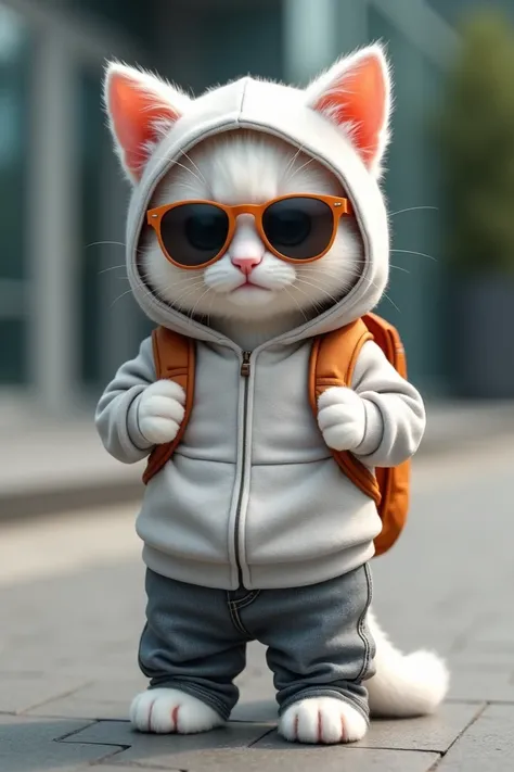  is a cute cat wearing a Dorimon costume
Cute cat ,  wearing sports clothes and sunglasses ,  with front view and full body view
Cute little white cat wearing an oversized hoodie,  gray jeans and a backpack , Standing in front of an office building 