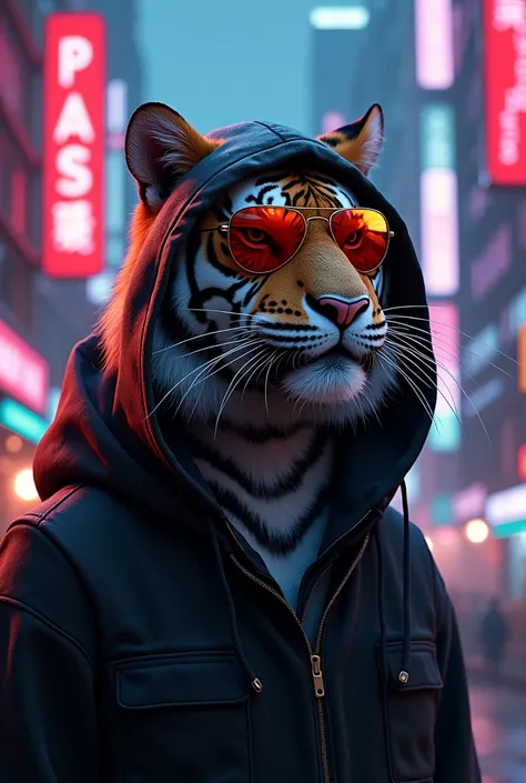 A cyberpunk tiger wearing sunglasses, smoking a cigarette, in a black hoodie in a neon light background city with big buildings, 4k,realistic 