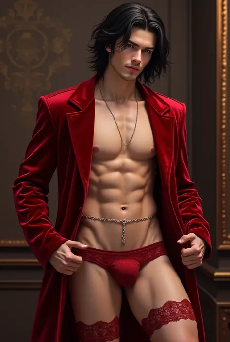 Young brunette man soft body wearing red lace and velvet coat and a red velvet butt short with a garter chain in the right thigh. Shoulder length black Hair, hazel colour eyes