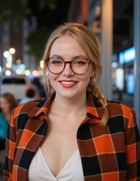 Extremely photorealistic. HDR. Full body shot of a white woman who is 25 years old. Looks sweet and friendly. Cute, pretty, beautiful, "girl next door." 58" in height. dyed blonde hair, hair is pulled back tightly into a braid. Big green round eyes, downtu...