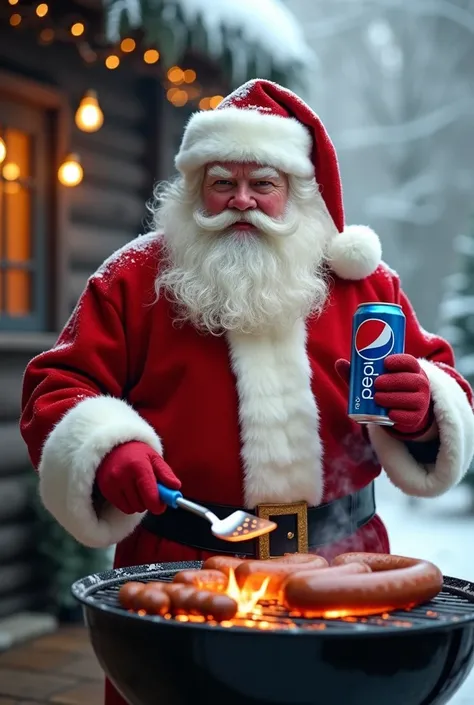 Santa Claus making sausages on a grill drinking Pepsi