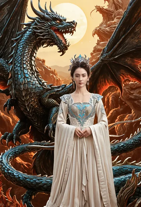 Picture Of A Woman Standing In Front Of A Dragon ,  Game of Thrones Art , highly  Detailed Fantasy Art , Kelenbeit, Dragon in the Background , 4k fantasy art,  4K Detailed Fantasy , Dragon Queen ,  Epic Fantasy Novel Cover Art, Kerem Couplet,  Epic Fantasy...