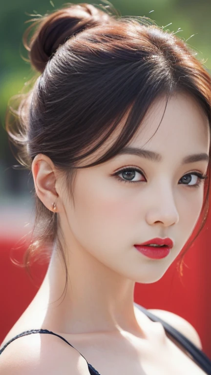 (a masterpiece portrait of a woman with ultra detailed features, in 8K resolution, with crisp quality and vibrant colors)、( focusing on her face)、 one woman、 Japanese、Age 30、Brunette woman、 Pro Pictures、messy bun hair、( shot from the front :1.4)、(Front Vie...