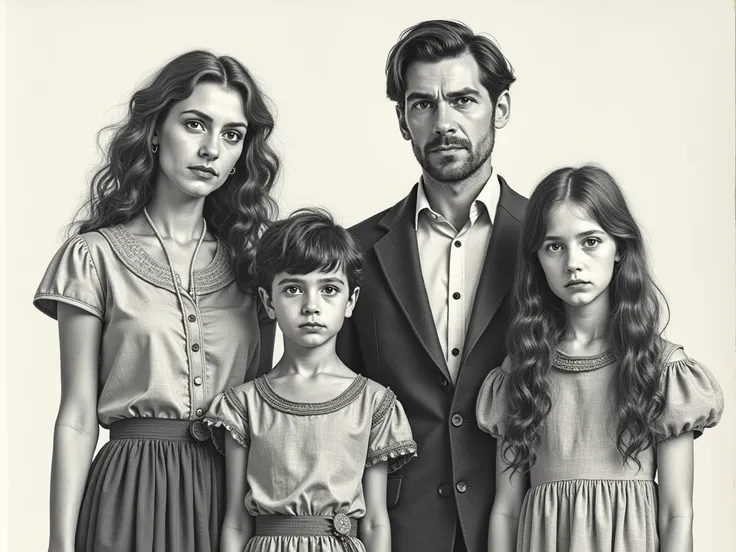  Create a drawing style image based on an old black and white photograph.  The image must portray a family consisting of 4 people: a mother, a father,  a  son and an  daughter , all wearing period costumes from the 80s .  Family members must have serious e...