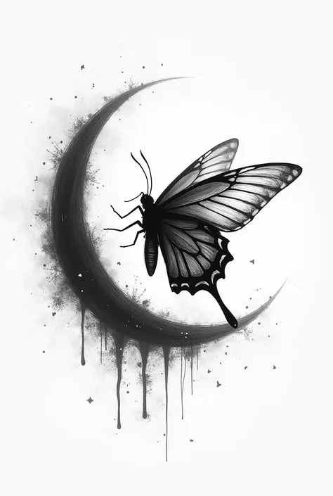 Black and white sketch. Butterfly should be flying.. it should be crossing the half moon