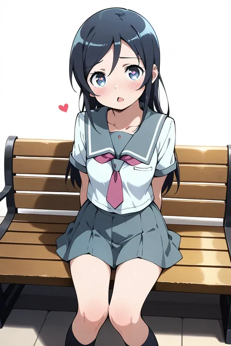 (best quality), (masterpiece), (ultra detailed), (highres), production art, 1girl, school uniform, long hair, aragaki ayase, black hair, blue eyes, serafuku, solo, kousaka kirinos school uniform, blush, open mouth, bench, sitting, skirt, looking at viewer,...