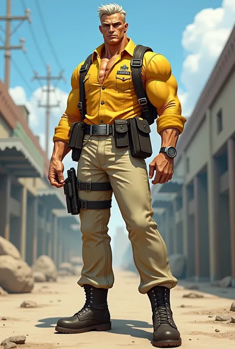 Street Fighter game character Rick Flag, an athletic and disciplined military man with a face marked by strong features and a determined look. His appearance mixes military rigor with a casual touch, evidenced by the yellow button-up shirt, beige tactical ...