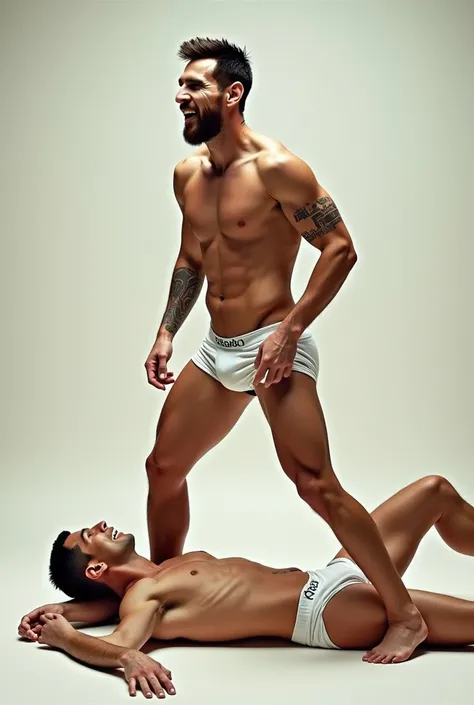 Lionel Messi only in underwear on top of Cristiano Ronaldo who is wearing only underwear too 