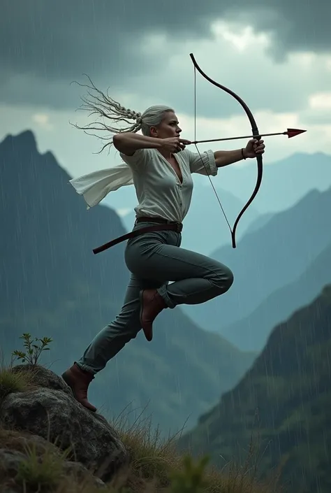  A woman with white hair and small braids ,  with pants tied to her body and a half-open blouse .  Jumping over a rock and shooting an arrowhead in the air .  Beautiful mountains in the background and a heavy rain with visible storms, dark and dreadful ski...