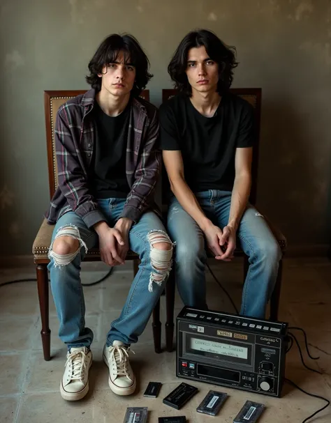 Two young men of 20 years old, thin build, long hair, white race, black hair, black eyes, medium height, dressed in black t-shirts, wearing a long-sleeved nineties plaid shirt, torn blue jeans and dirty sneakers, they are sitting on a chair and on a table ...